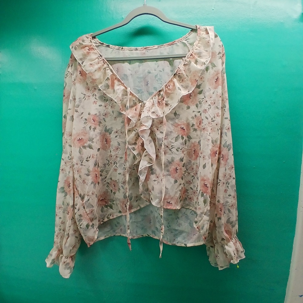 Dazy Floral Ruffle Blouse XXL Pink Peach Coquette Cottagecore Chiffon Top